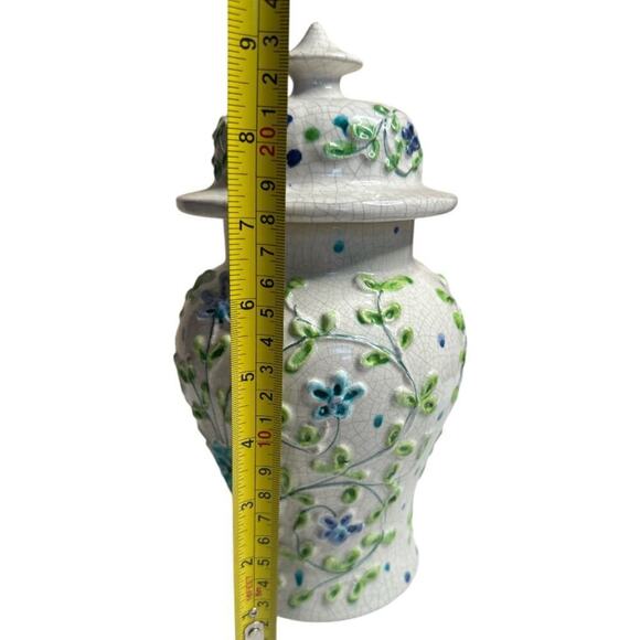 Italian Ceramic Ivory Flowers & Vines Blue Green Crazes Temple Jar 10"H - Picture 6 of 8